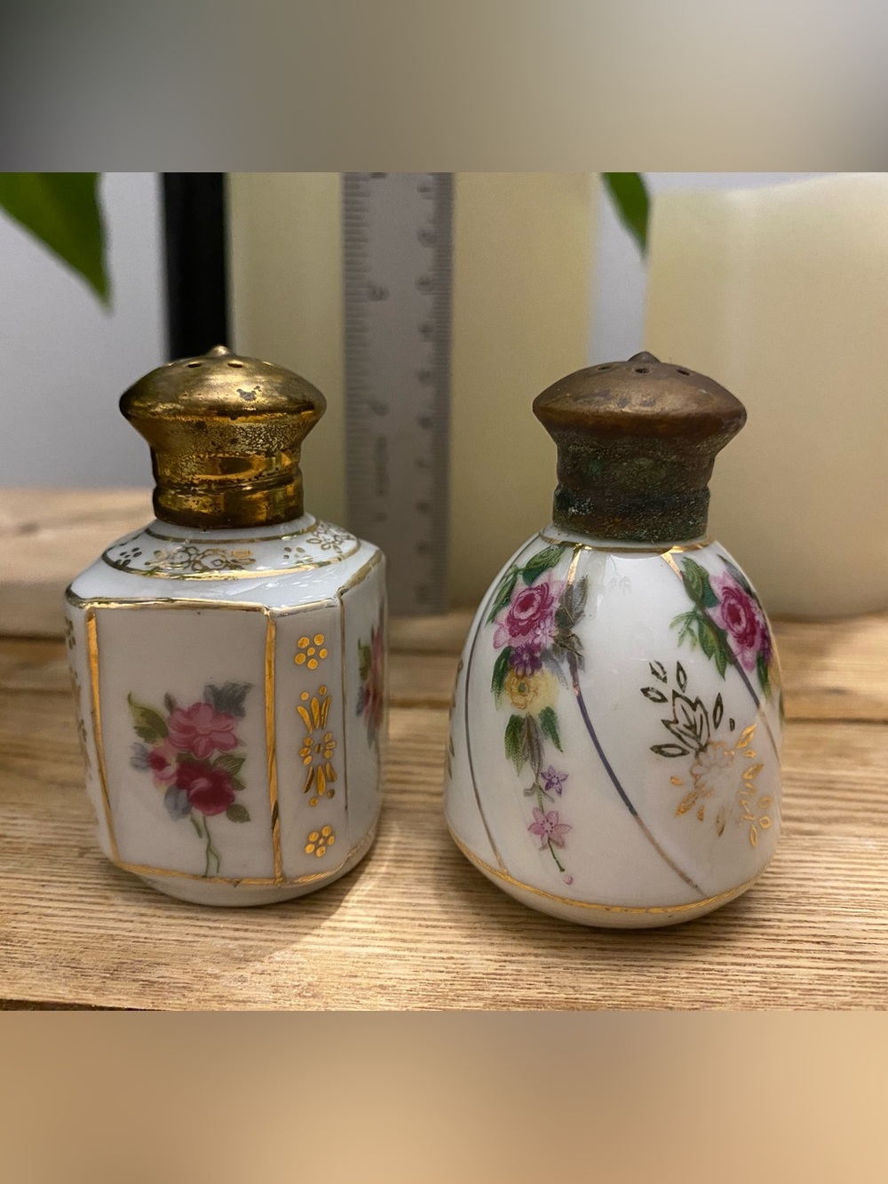 Antique Hand Painted Porcelain Floral Salt & Pepper Shakers with Metal Tops